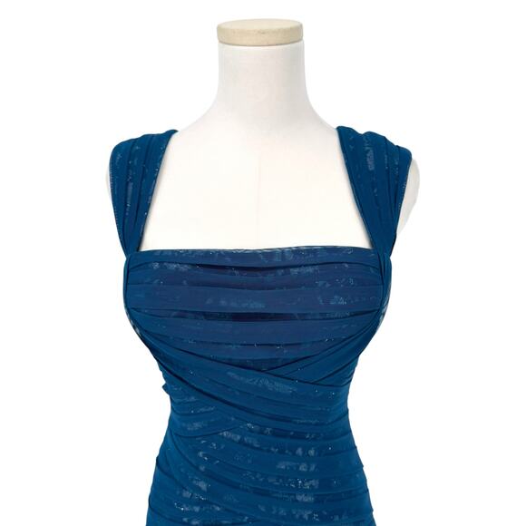 BCBGMaxazria Teal Blue Metallic Micro Mesh Bandage Mini Dress XS Party Cocktail - Picture 2 of 6